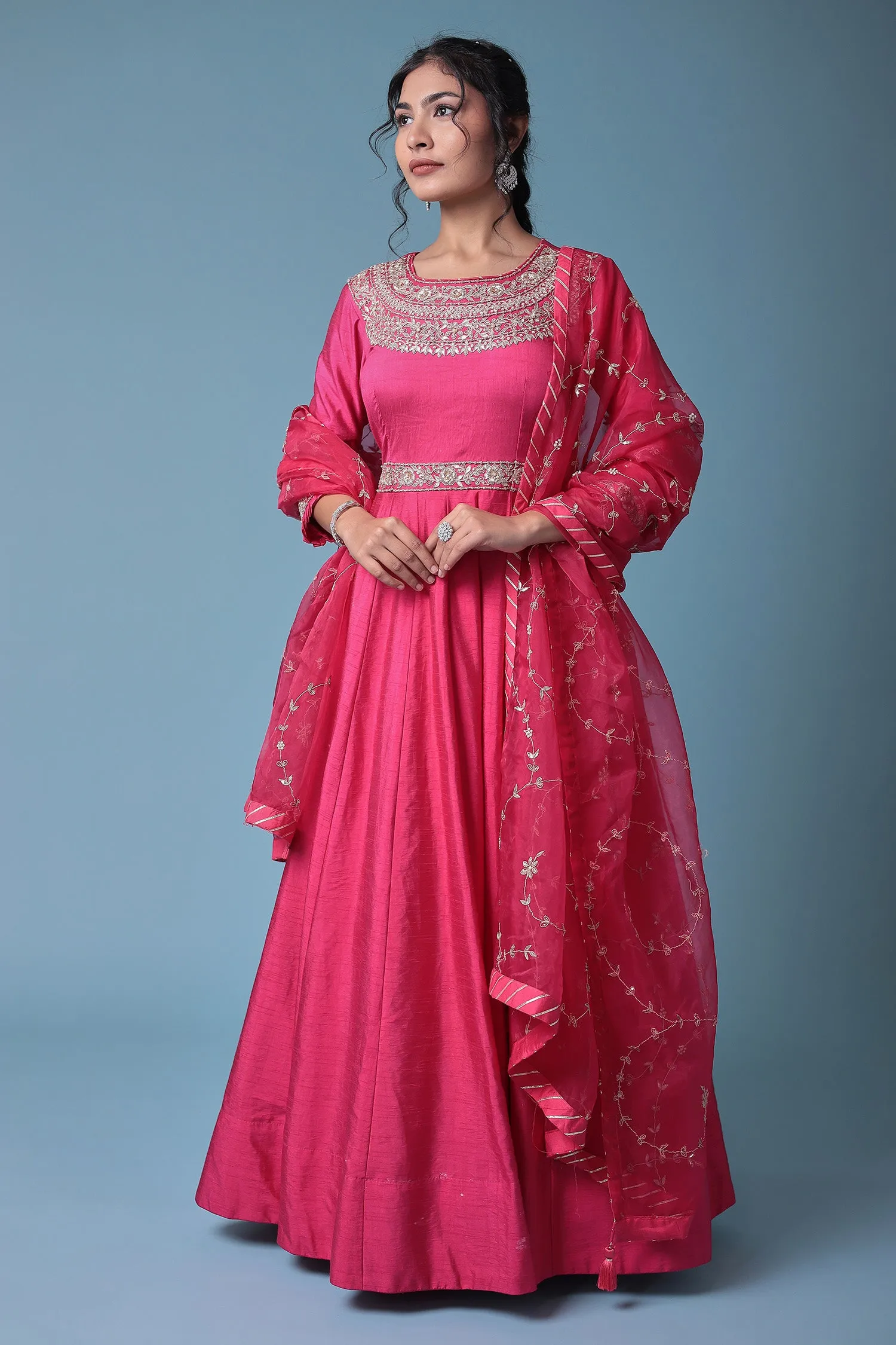 Anarkali Embellished Silk Suit with Embroidered Dupatta