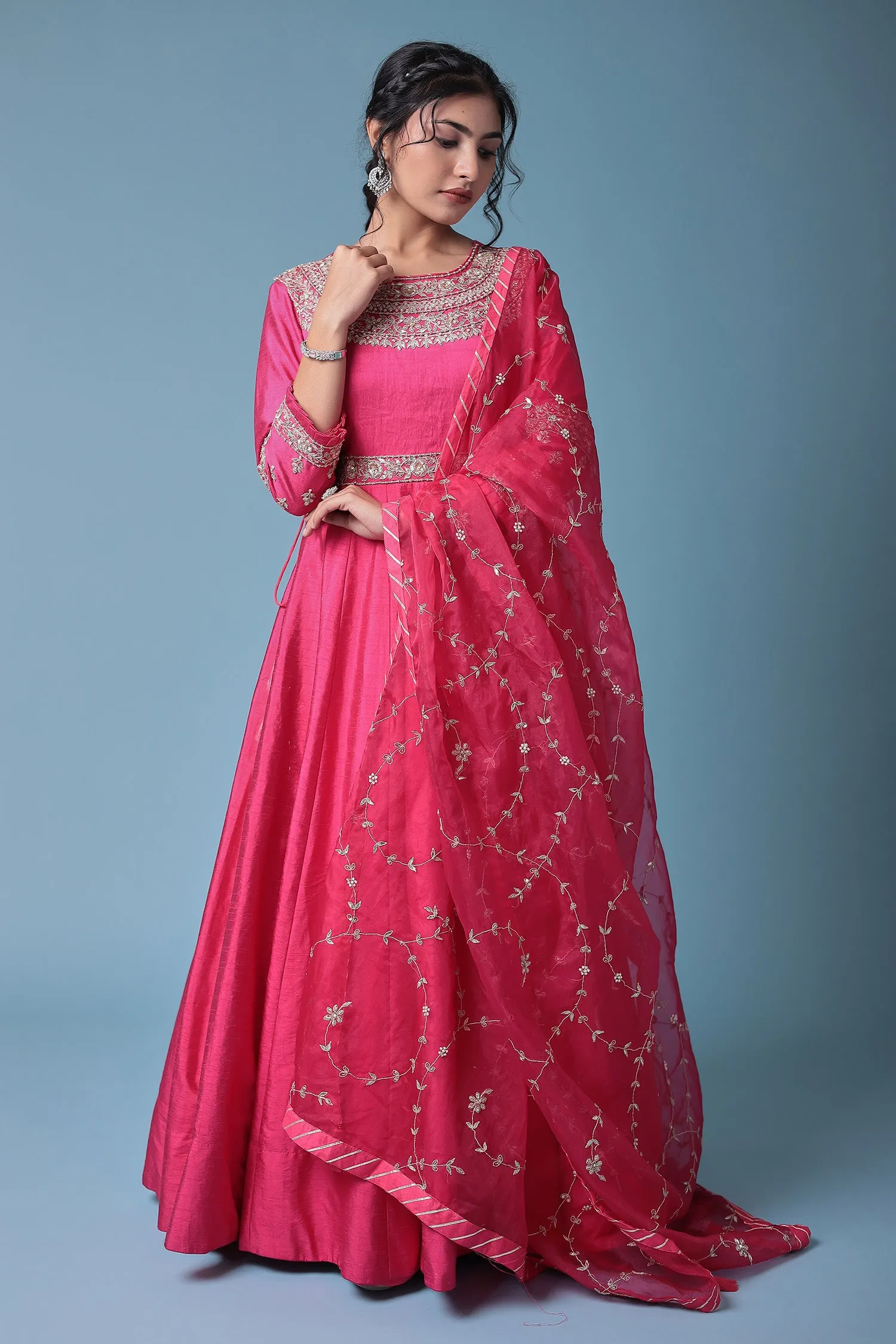 Anarkali Embellished Silk Suit with Embroidered Dupatta