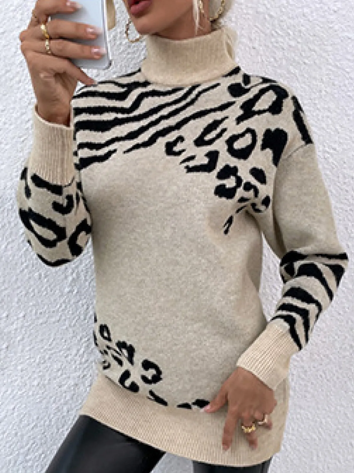 Animal Print Turtleneck Sweater