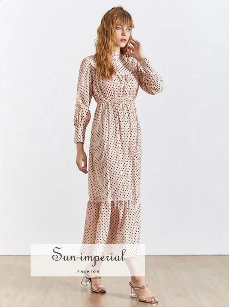 April Dress- Polka Dot Lace Patchwork Dress Turtleneck Collar Lantern Sleeve