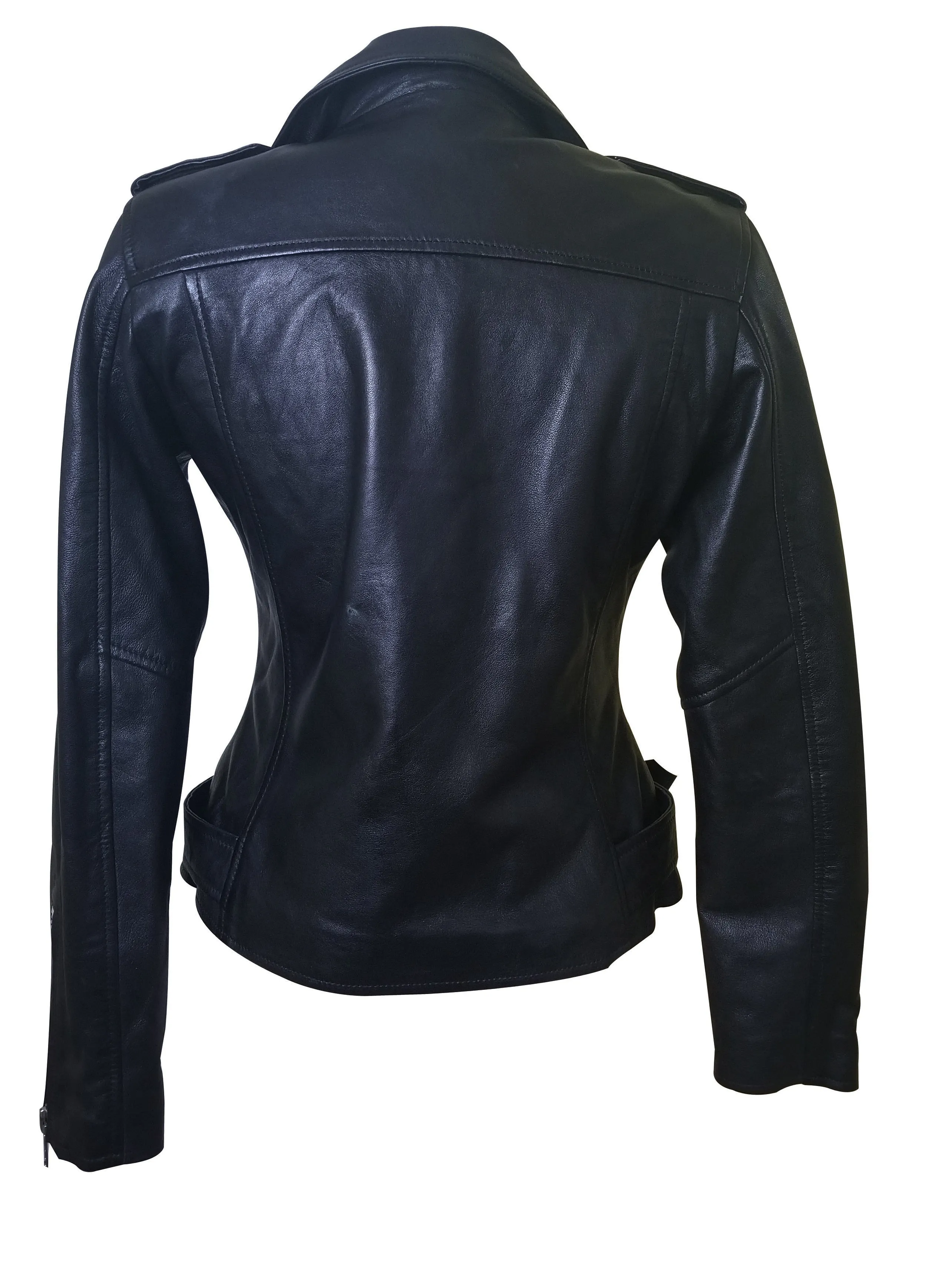 Arielle’s Biker Style Black Leather Jacket With Waist Belt