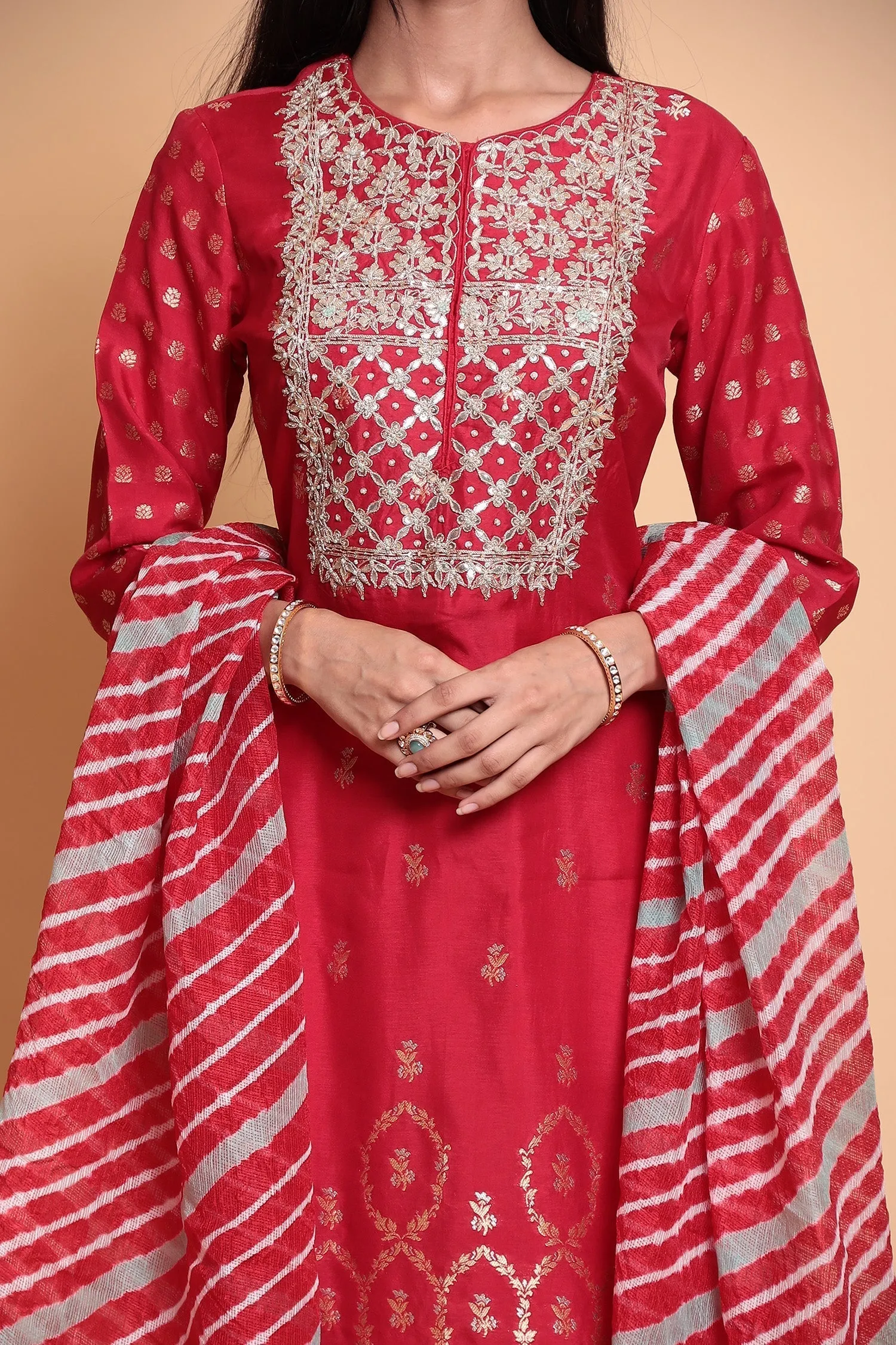 Banarasi Cotton silk Suit Stitched with Gota Patti work.