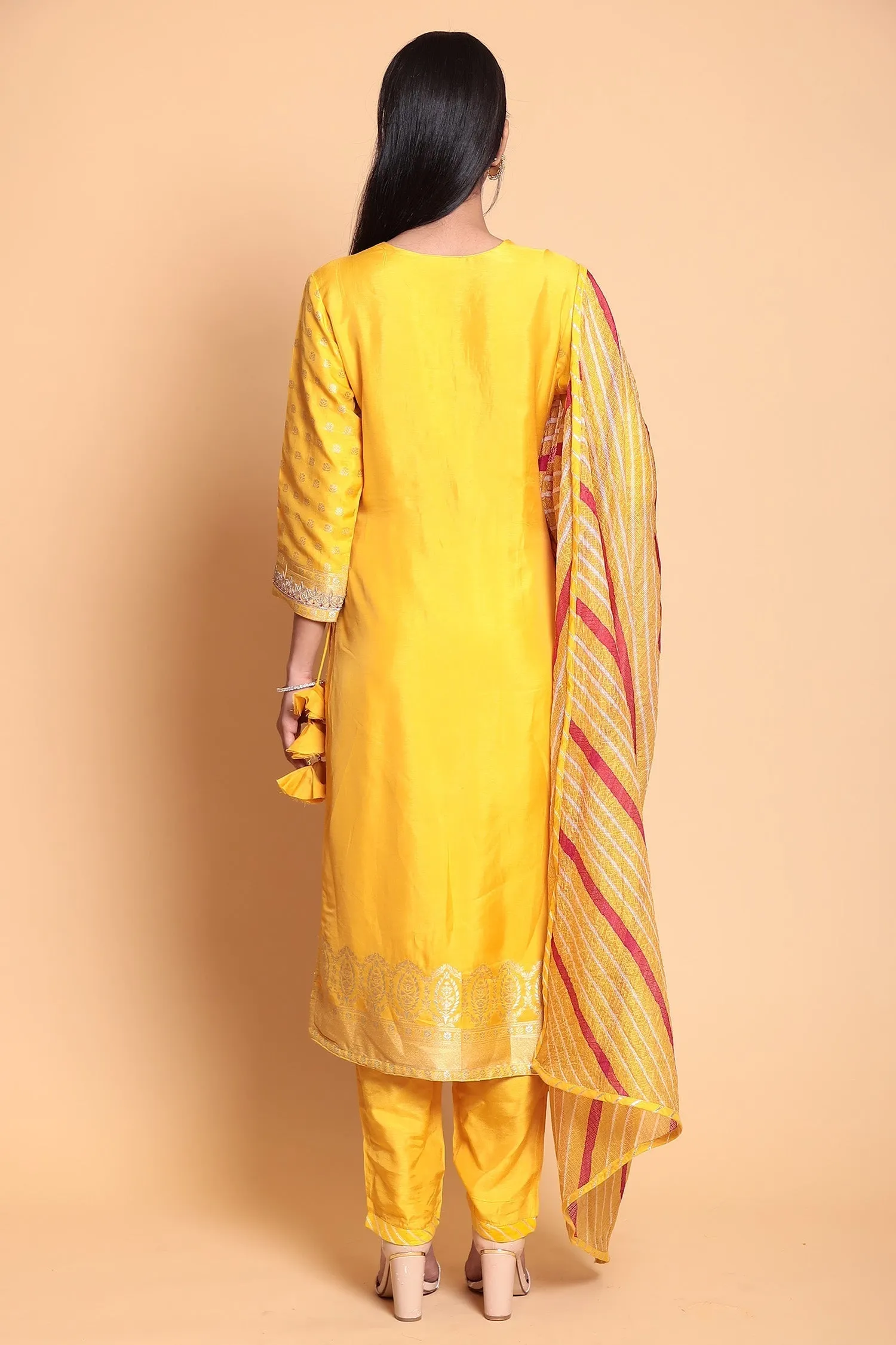 Banarasi Cotton silk Suit Stitched with Gota Patti work.