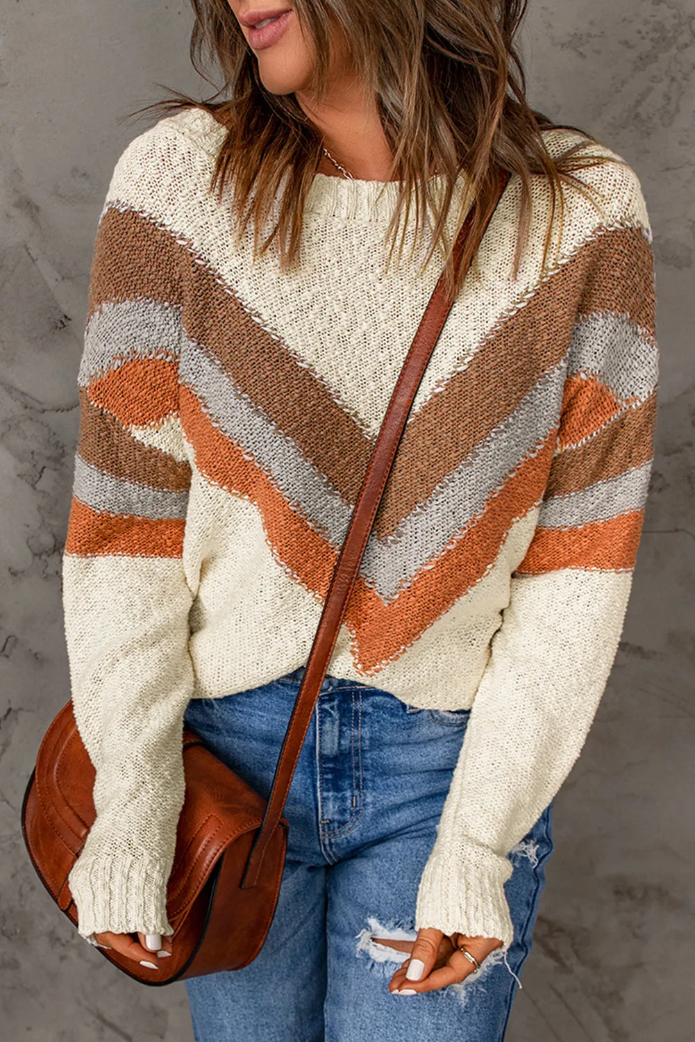 Beige Chevron Striped Sweater