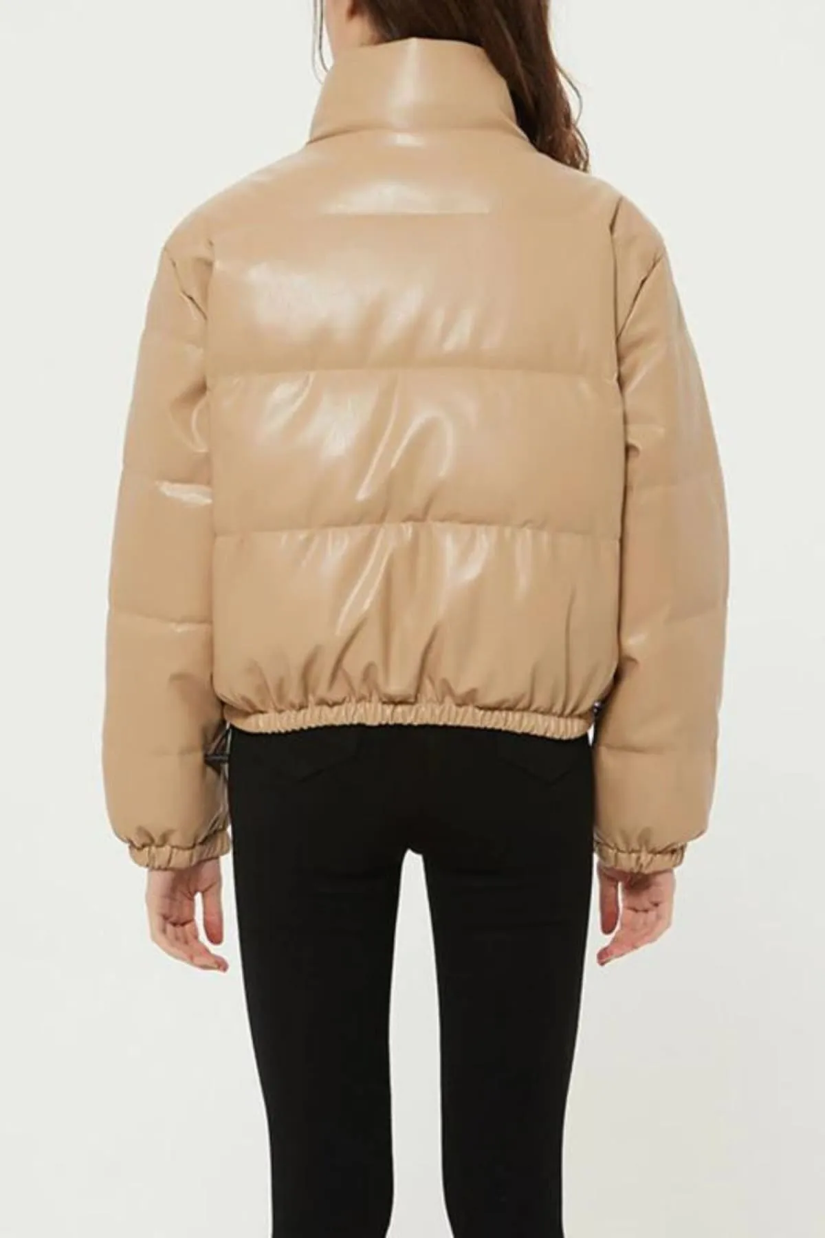 Beige Puffer Windbreaker Faux Leather Crop Jacket