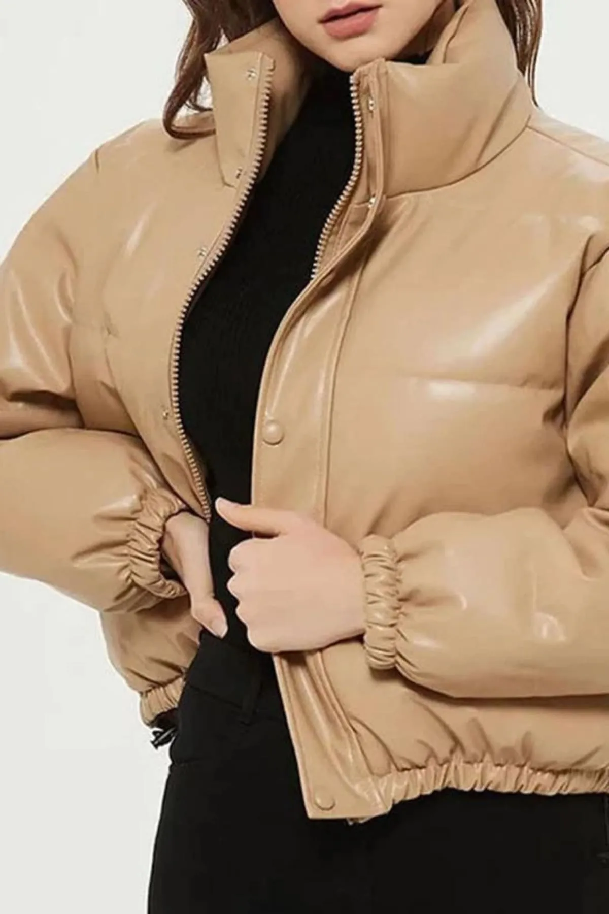 Beige Puffer Windbreaker Faux Leather Crop Jacket