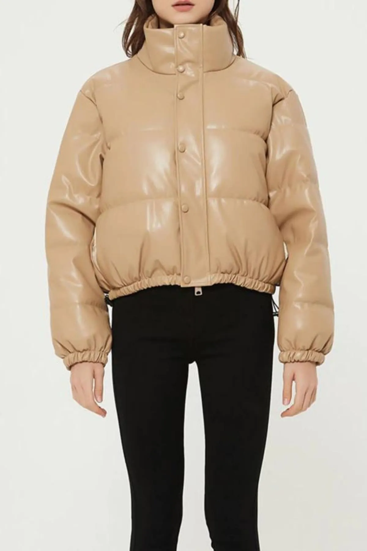 Beige Puffer Windbreaker Faux Leather Crop Jacket