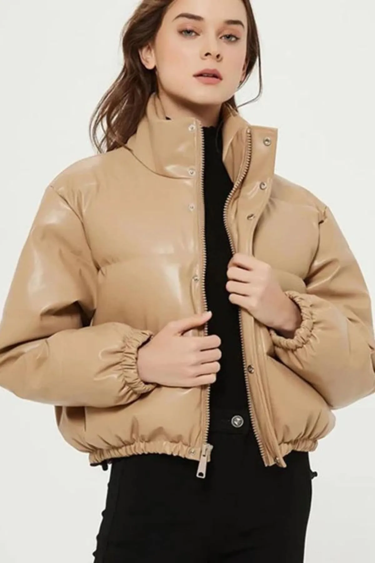 Beige Puffer Windbreaker Faux Leather Crop Jacket