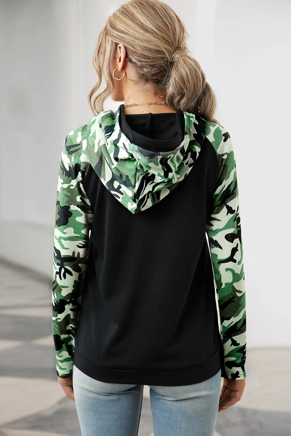 Black Camouflage Print Raglan Sleeve Hoodie