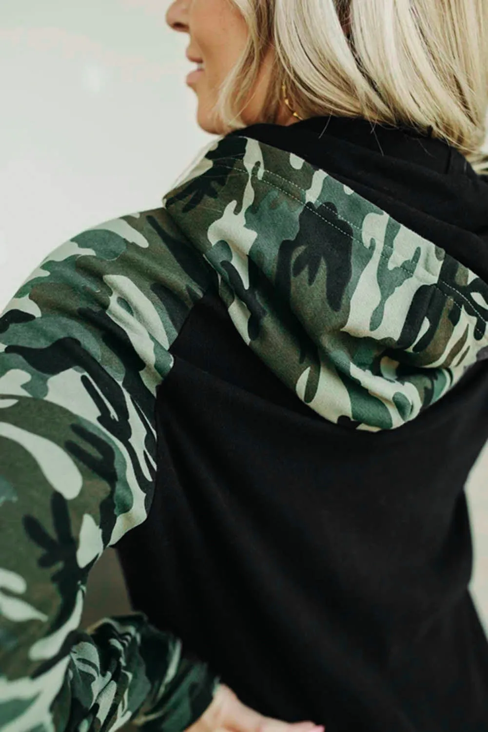 Black Camouflage Print Raglan Sleeve Hoodie