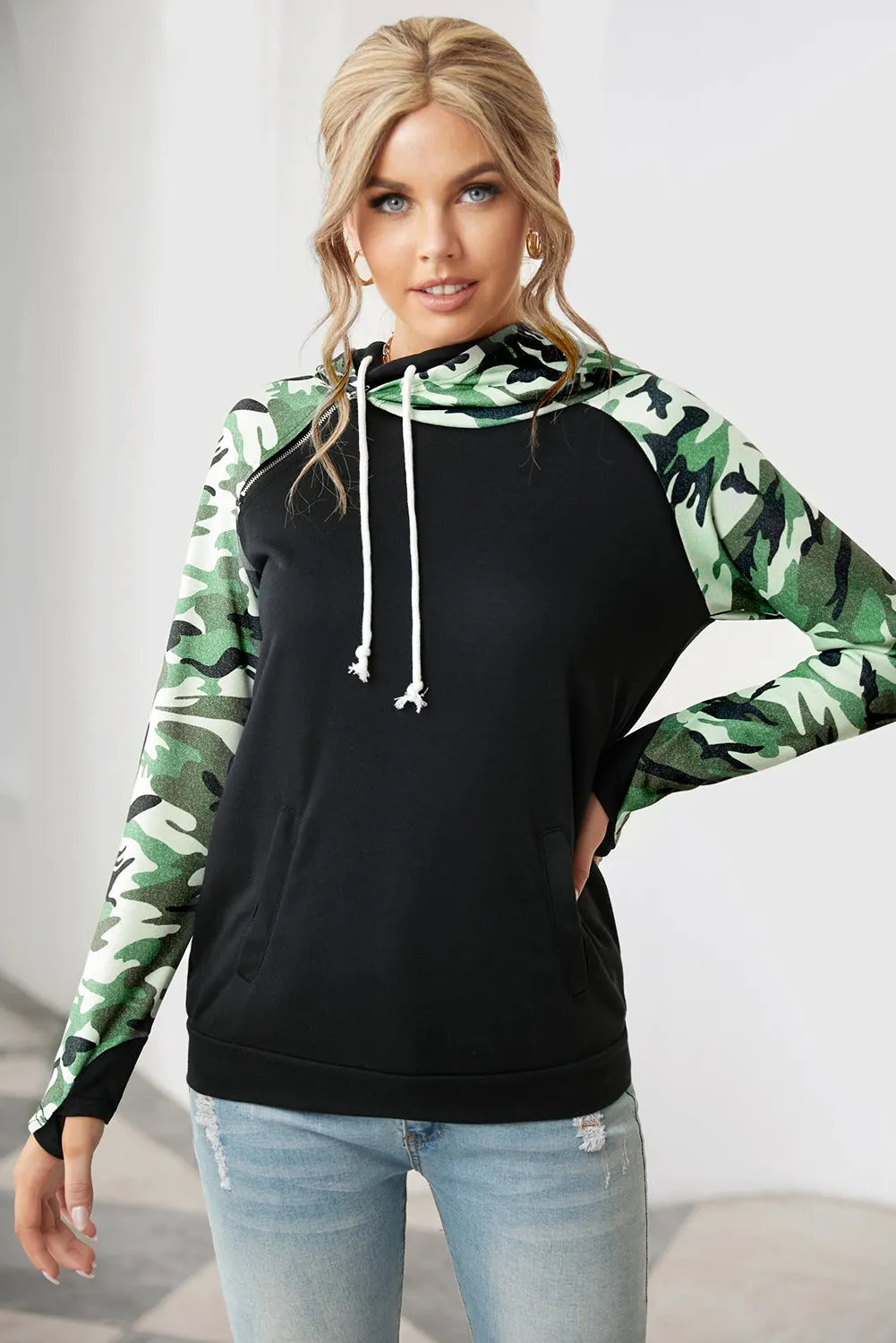 Black Camouflage Print Raglan Sleeve Hoodie