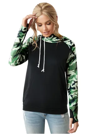 Black Camouflage Print Raglan Sleeve Hoodie