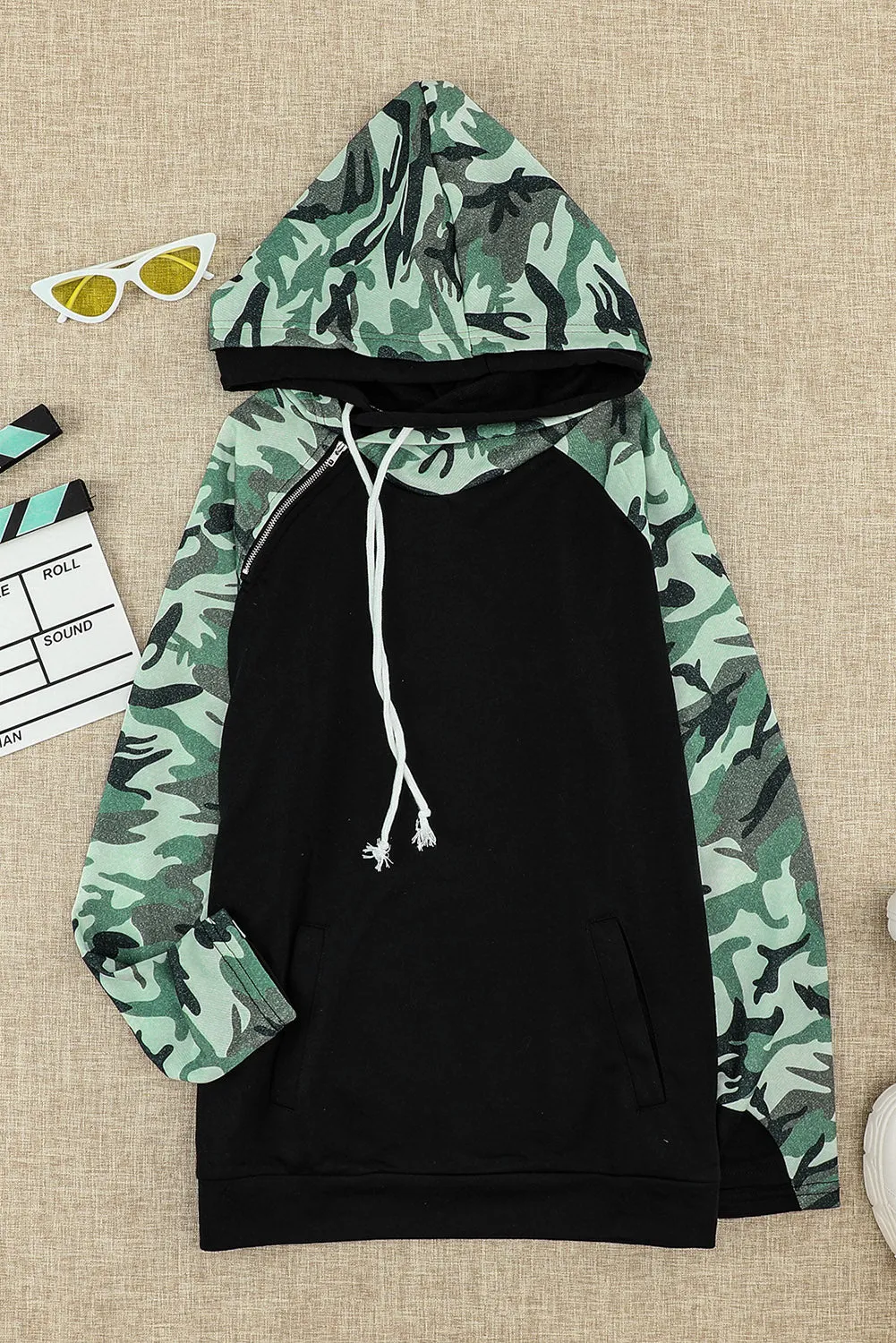 Black Camouflage Print Raglan Sleeve Hoodie