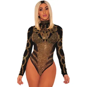 Black Gold Rhinestone Bustier Turtleneck Bodysuit