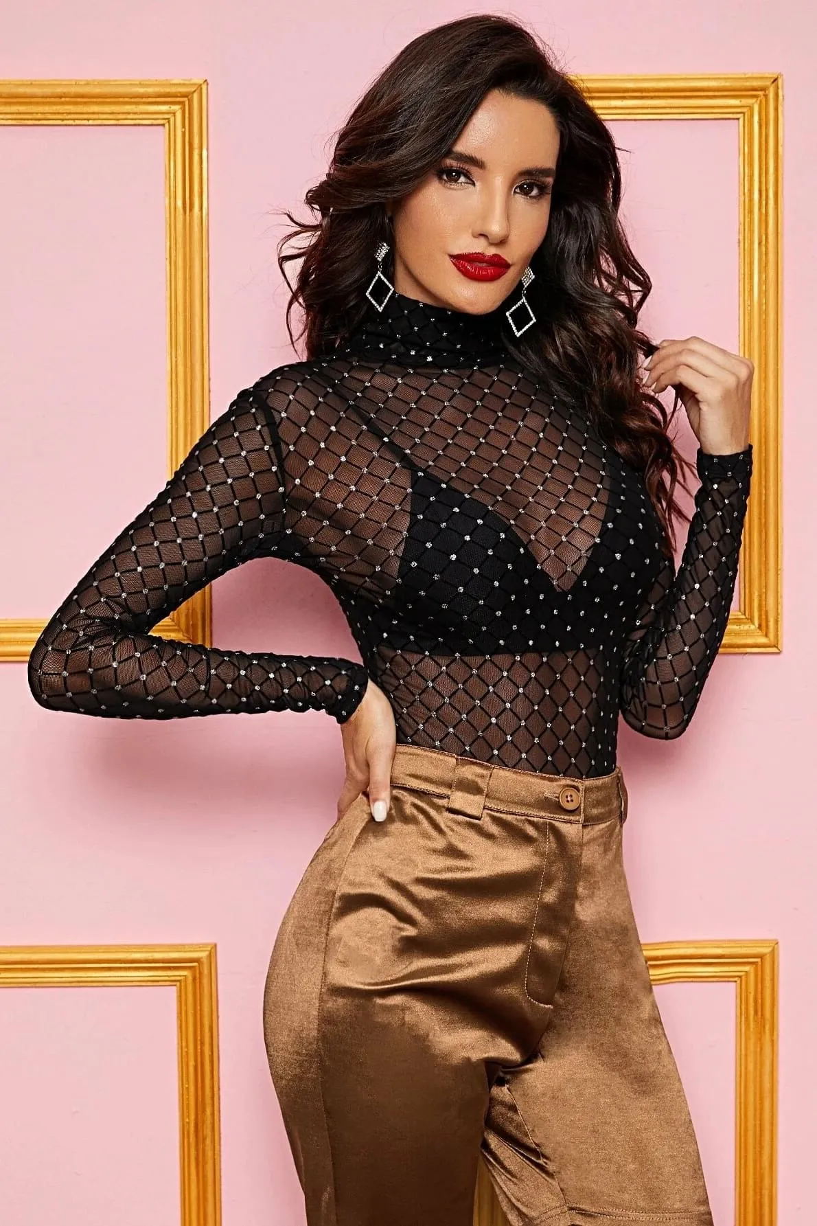 Black Long Sleeve Sheer Turtleneck Embellished Bodysuit