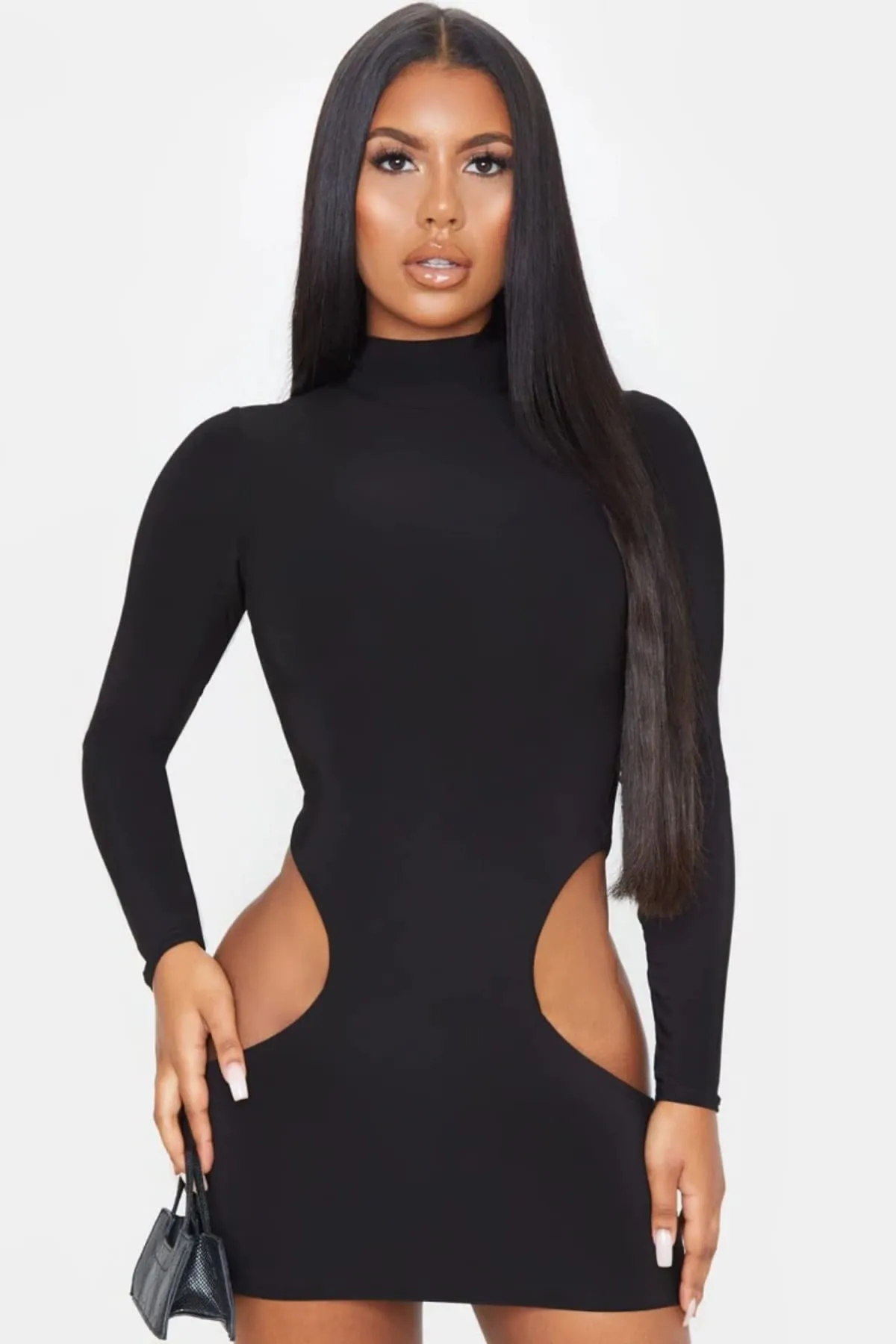 Black Turtleneck Hip Cut Out Short Dress