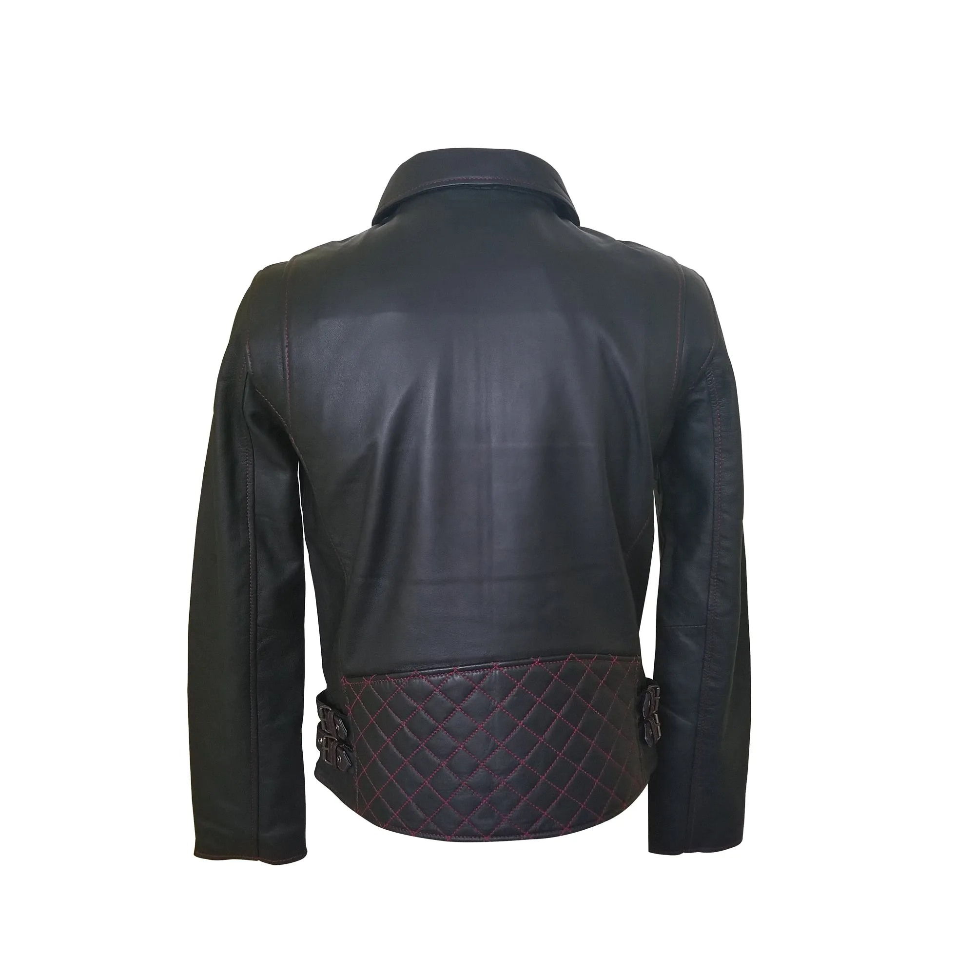 Bonnie's black leather jacket with red stitching