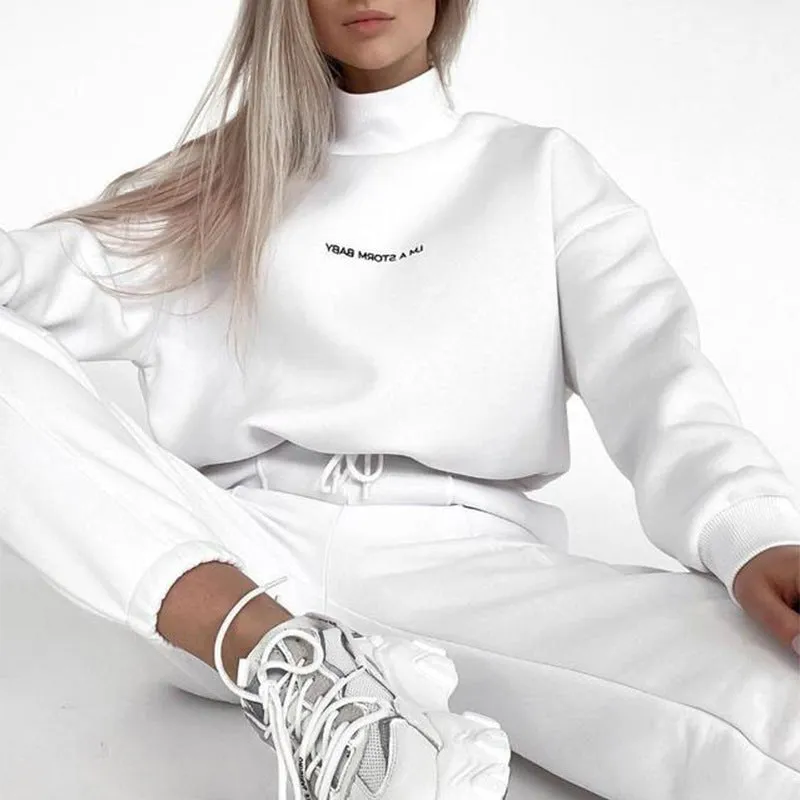 Casual pullover, embroidered turtleneck top with drawstring seam with sweatpants