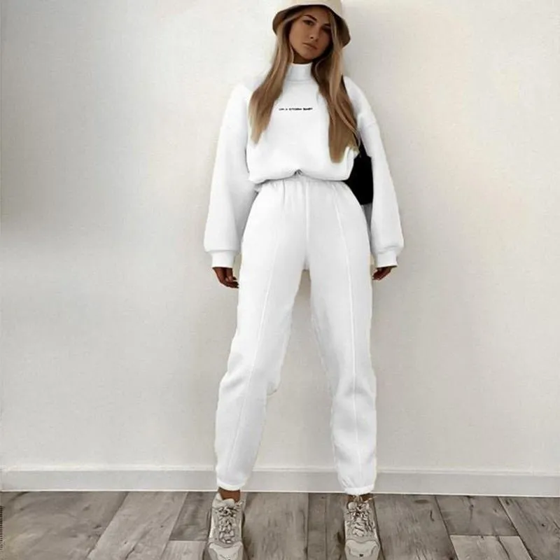 Casual pullover, embroidered turtleneck top with drawstring seam with sweatpants