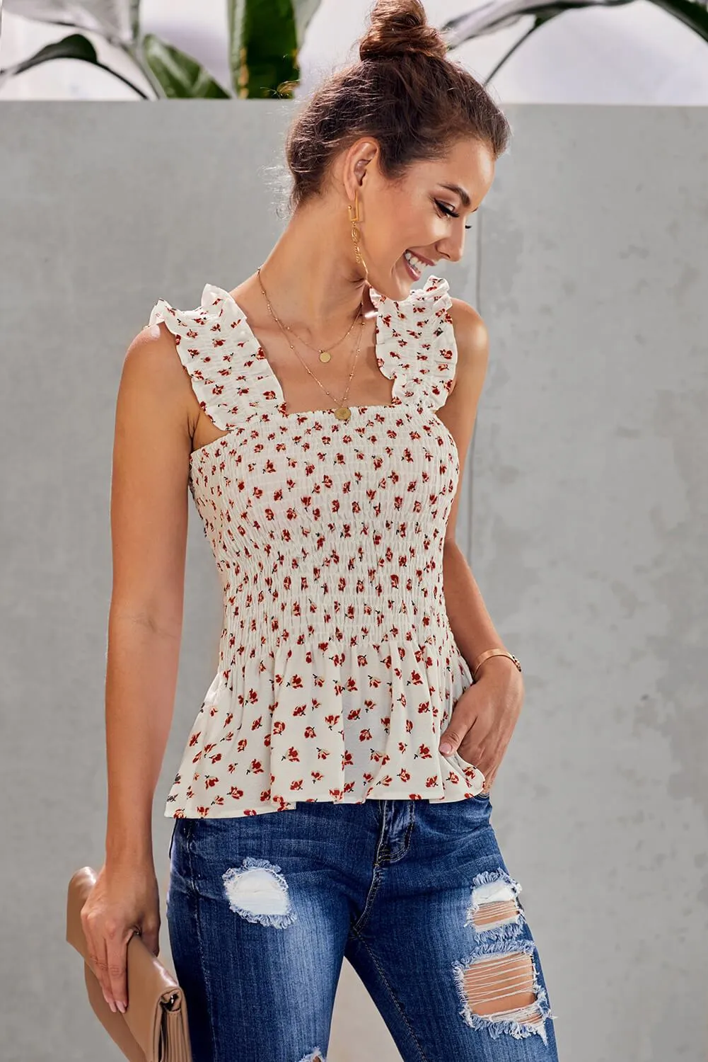 Chic White Floral Smock Tank Top