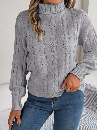 Explore More Collection - Cable-Knit Turtleneck Dropped Shoulder Sweater