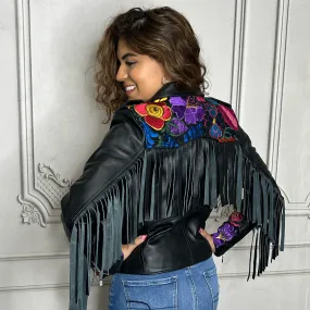 Fringed Leather Motorcycle Jacket - Zinia Embroidery