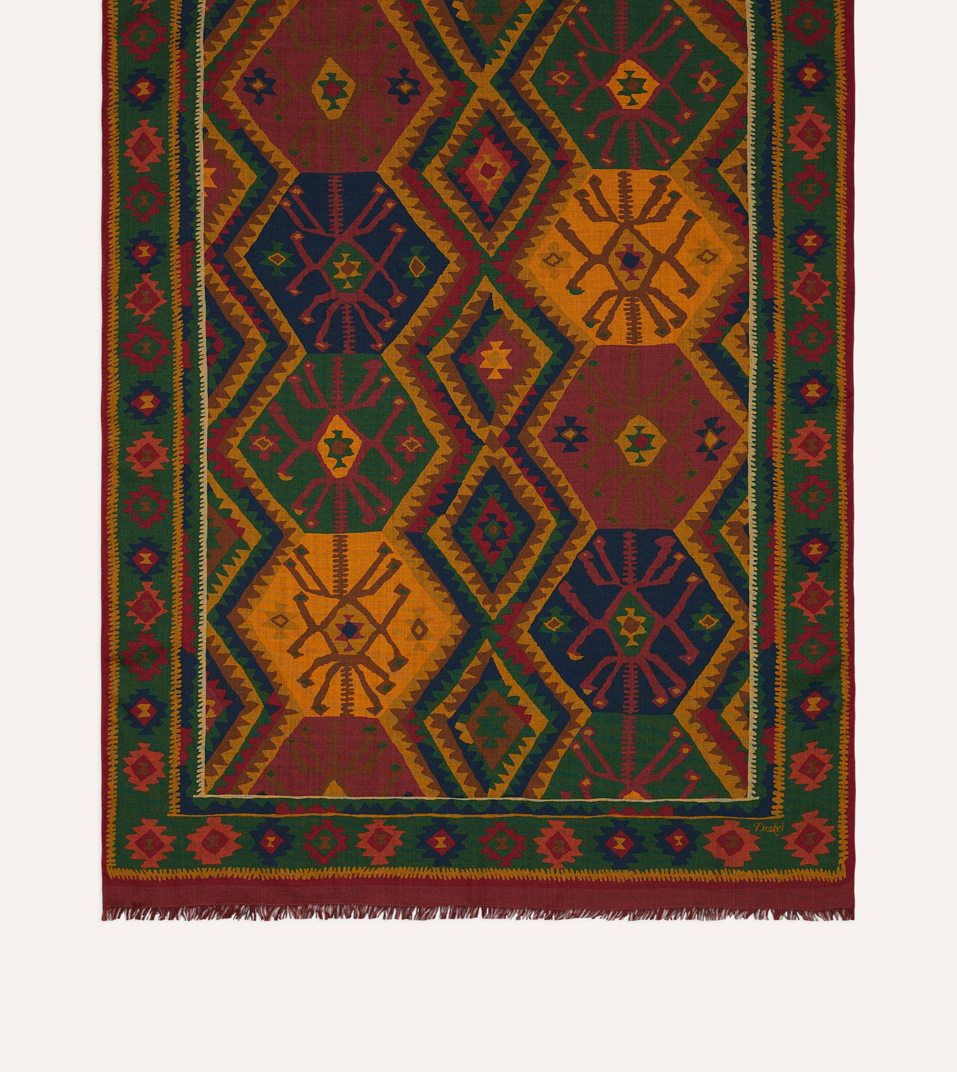 Green Kilim Print Wool-Silk Scarf