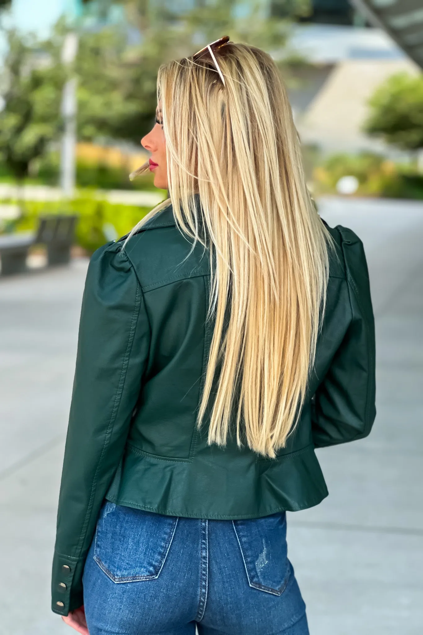 Hit The Town Faux Leather Puff Sleeve Jacket : Hunter Green