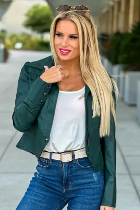 Hit The Town Faux Leather Puff Sleeve Jacket : Hunter Green