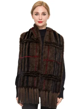 Knitted mink plaid scarf with fringe