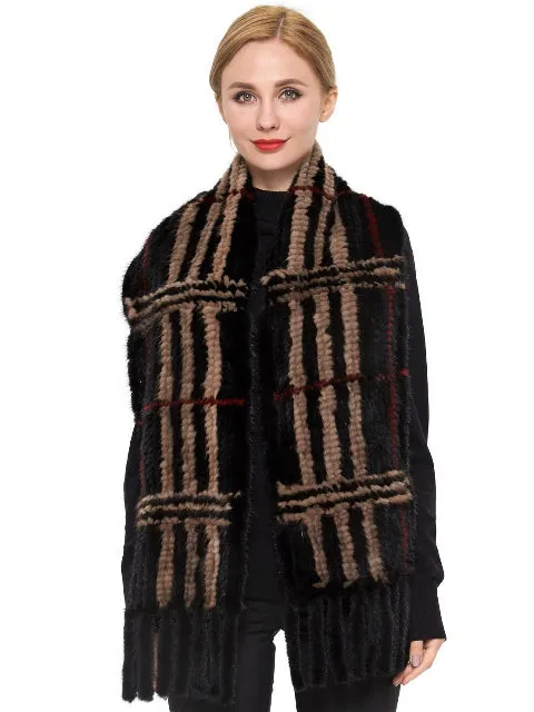 Knitted mink plaid scarf with fringe