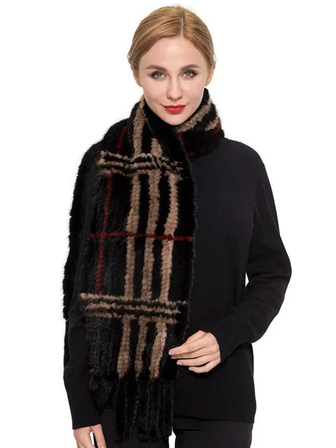 Knitted mink plaid scarf with fringe