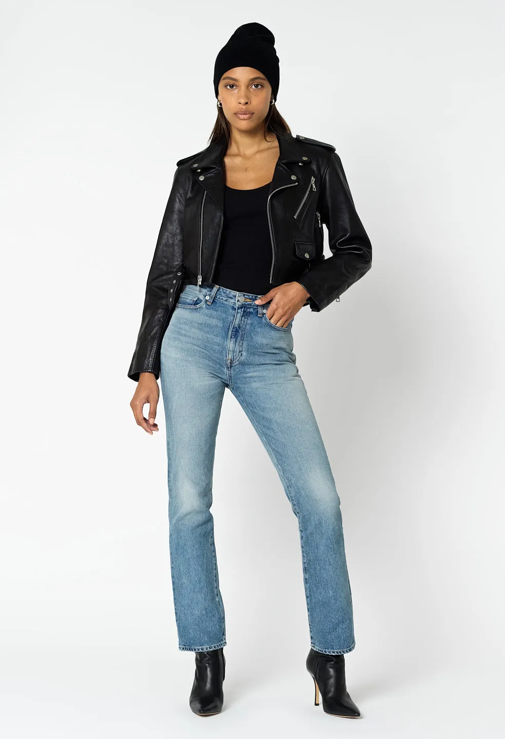 Leather Cropped Biker Jacket / Black