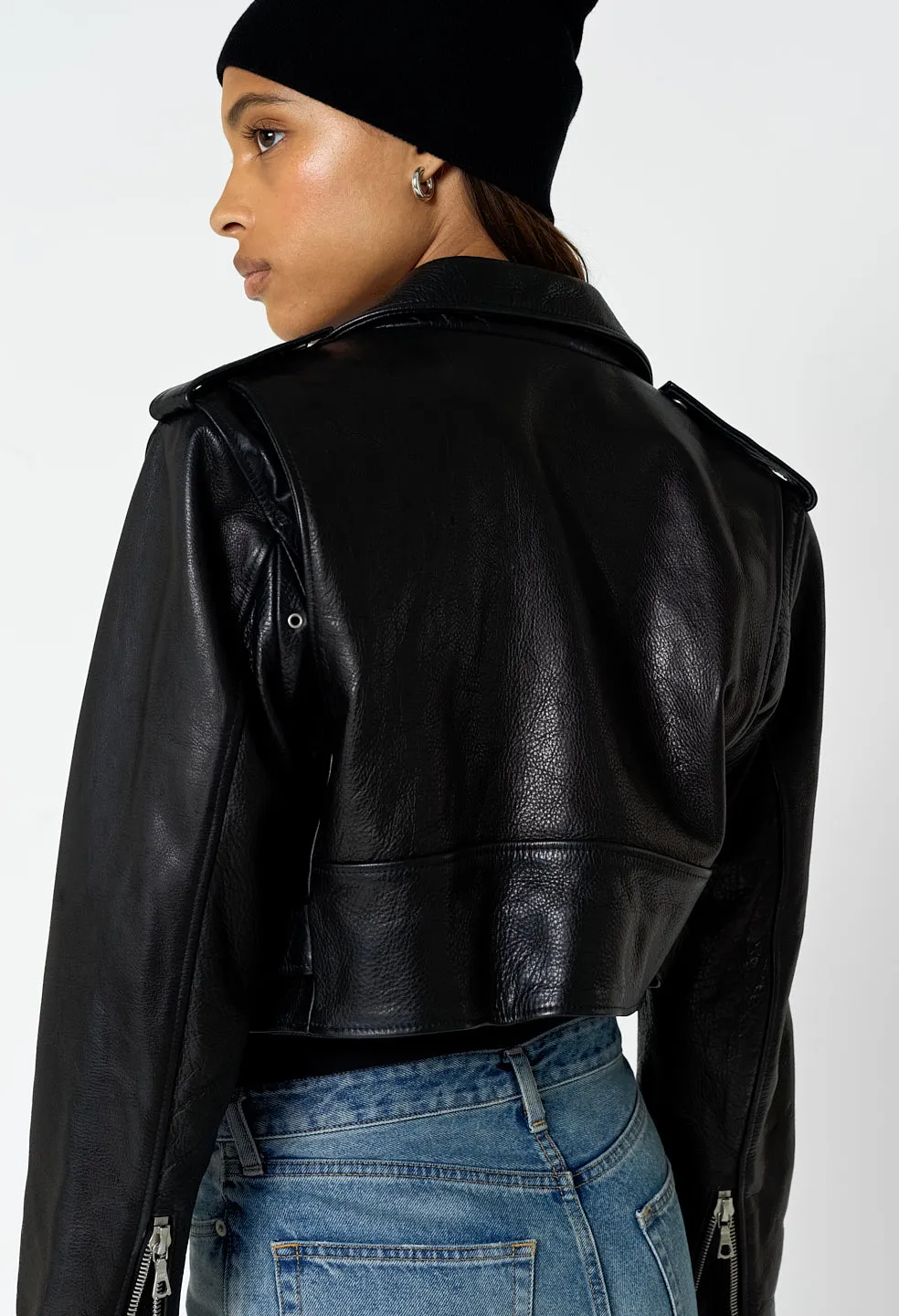 Leather Cropped Biker Jacket / Black