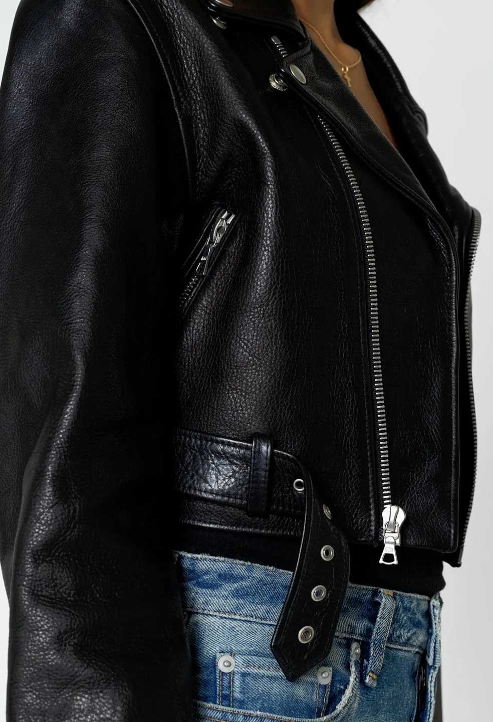 Leather Cropped Biker Jacket / Black