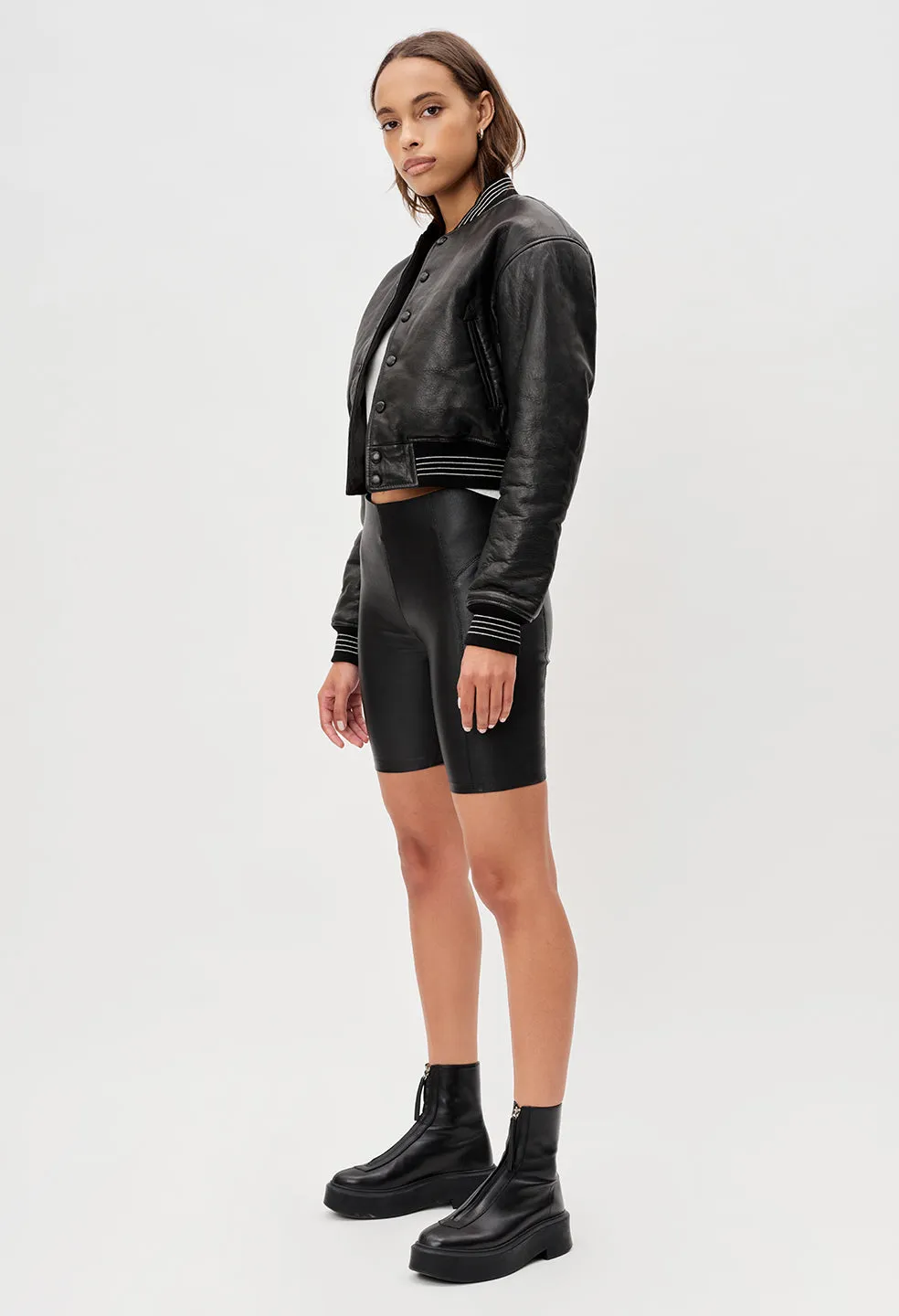 Leather Cropped Stadium Jacket / Black