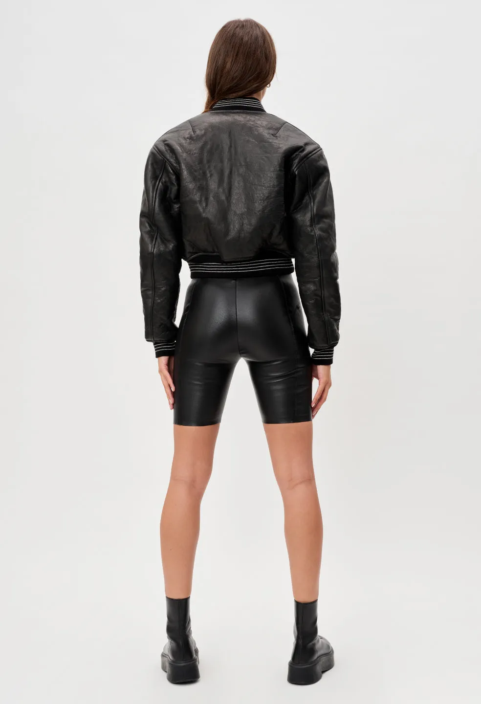 Leather Cropped Stadium Jacket / Black