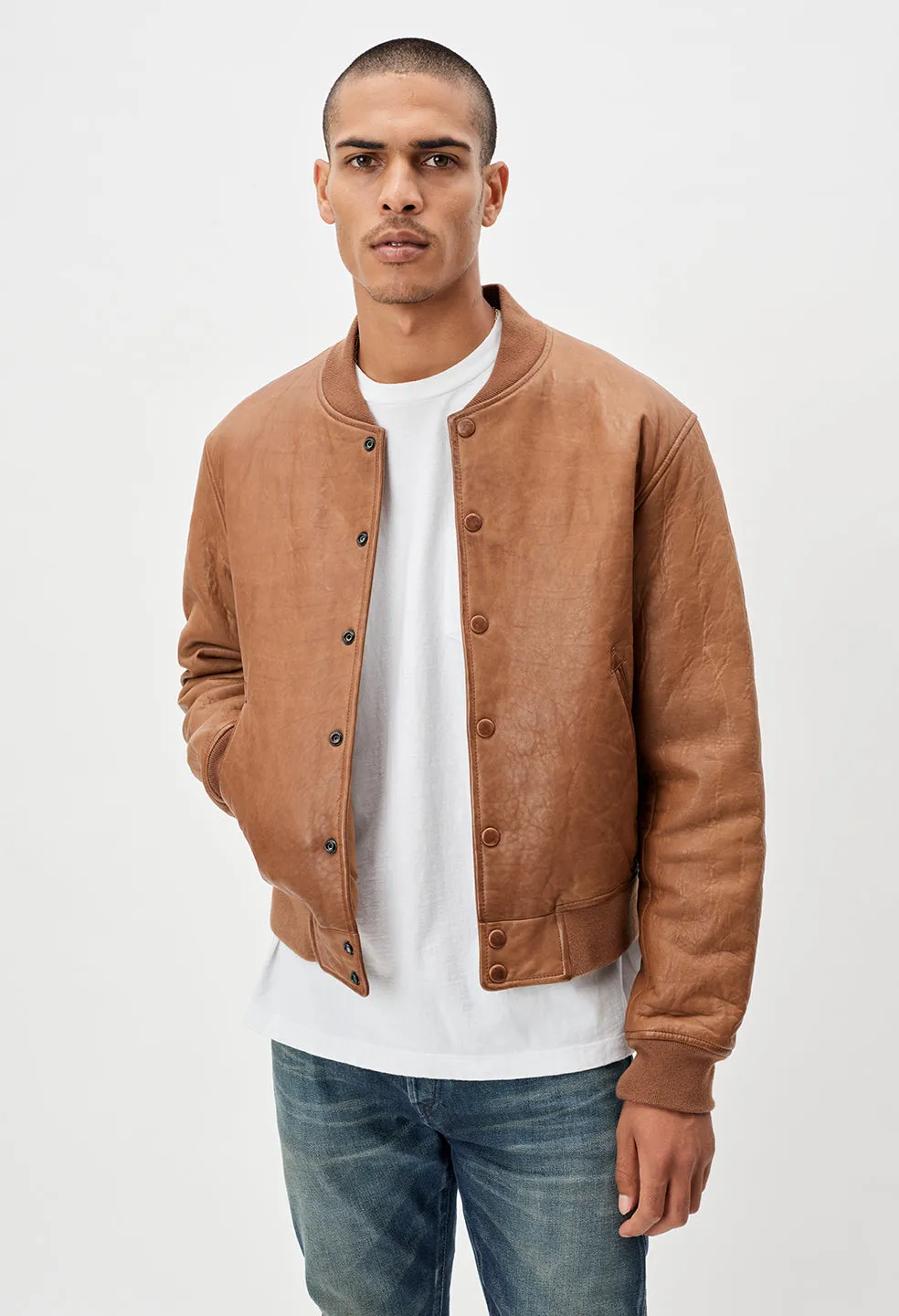 Leather Stadium Jacket / Brown