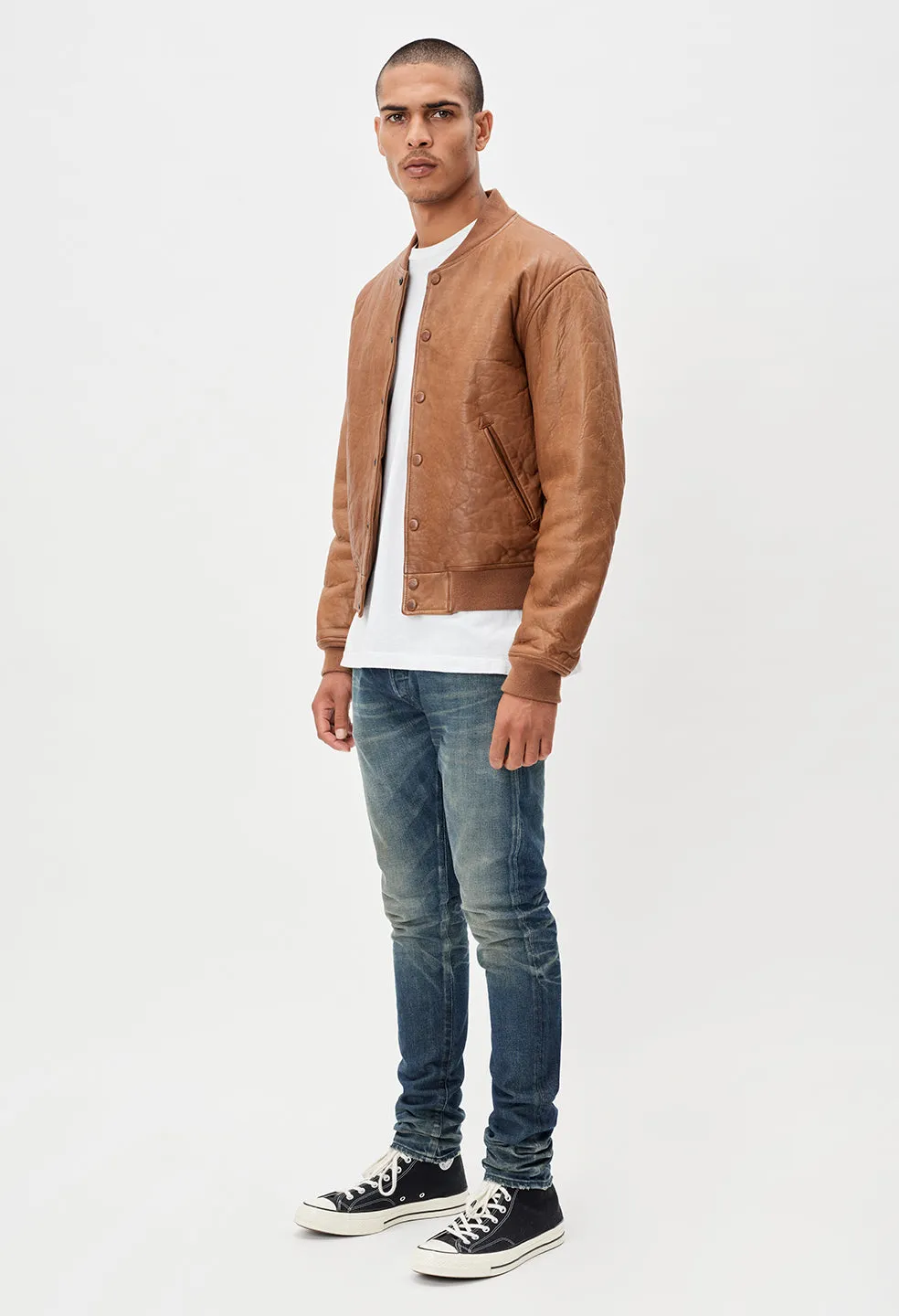 Leather Stadium Jacket / Brown