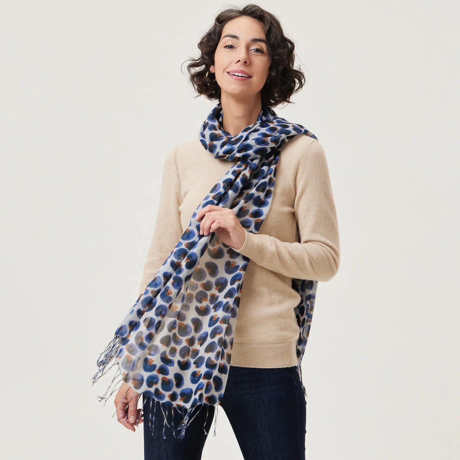 Leopard Blue Featherweight Tassel Lux Scarf