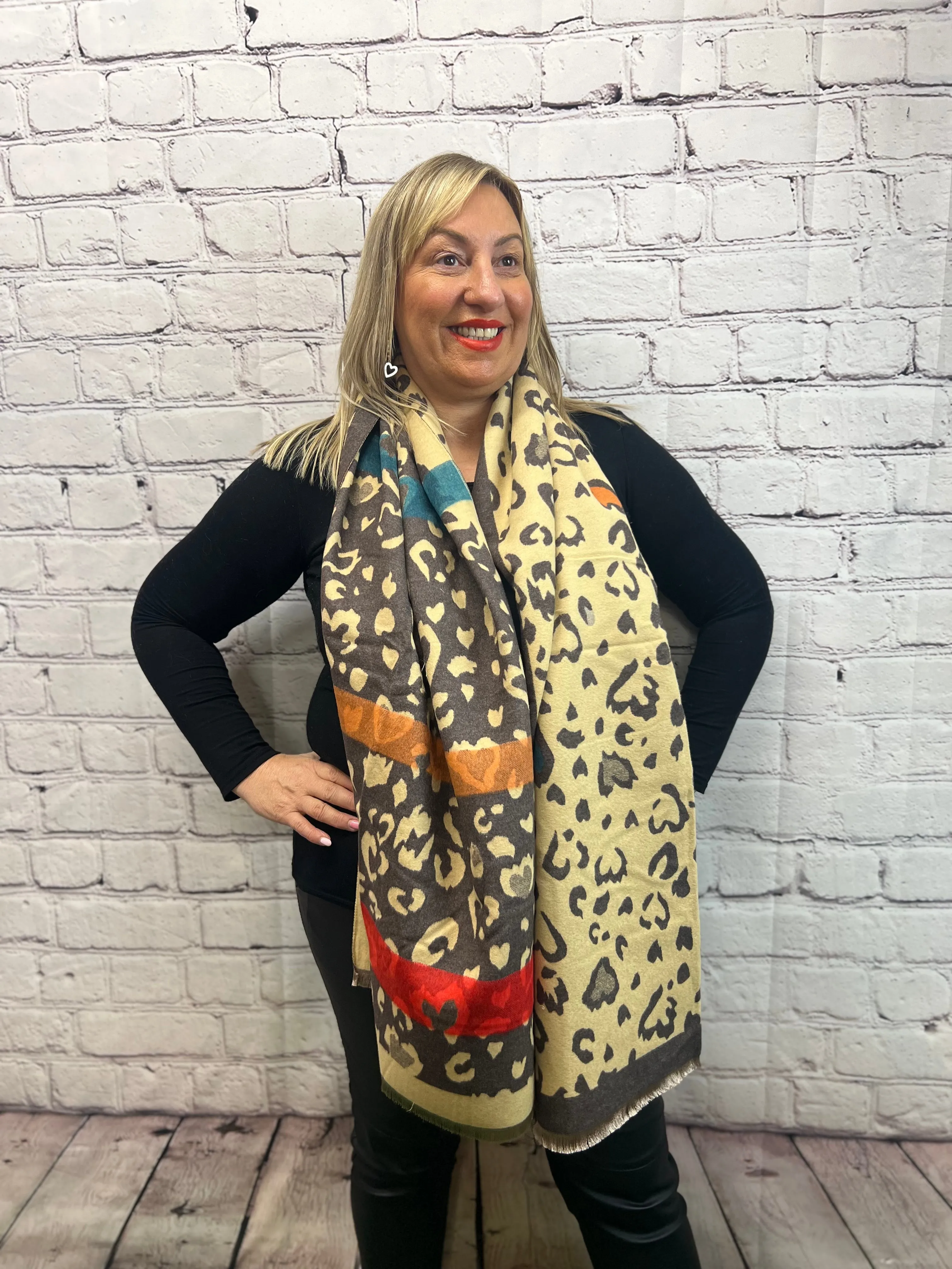 Leopard Heart Stripe Reversable Scarf