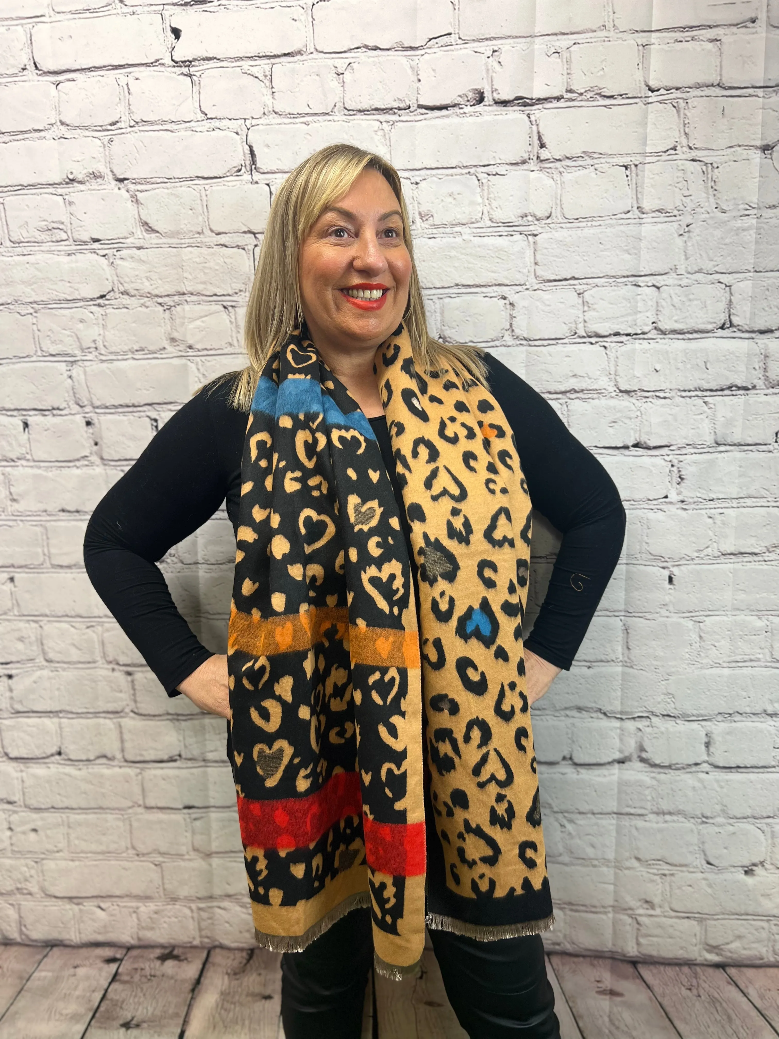 Leopard Heart Stripe Reversable Scarf