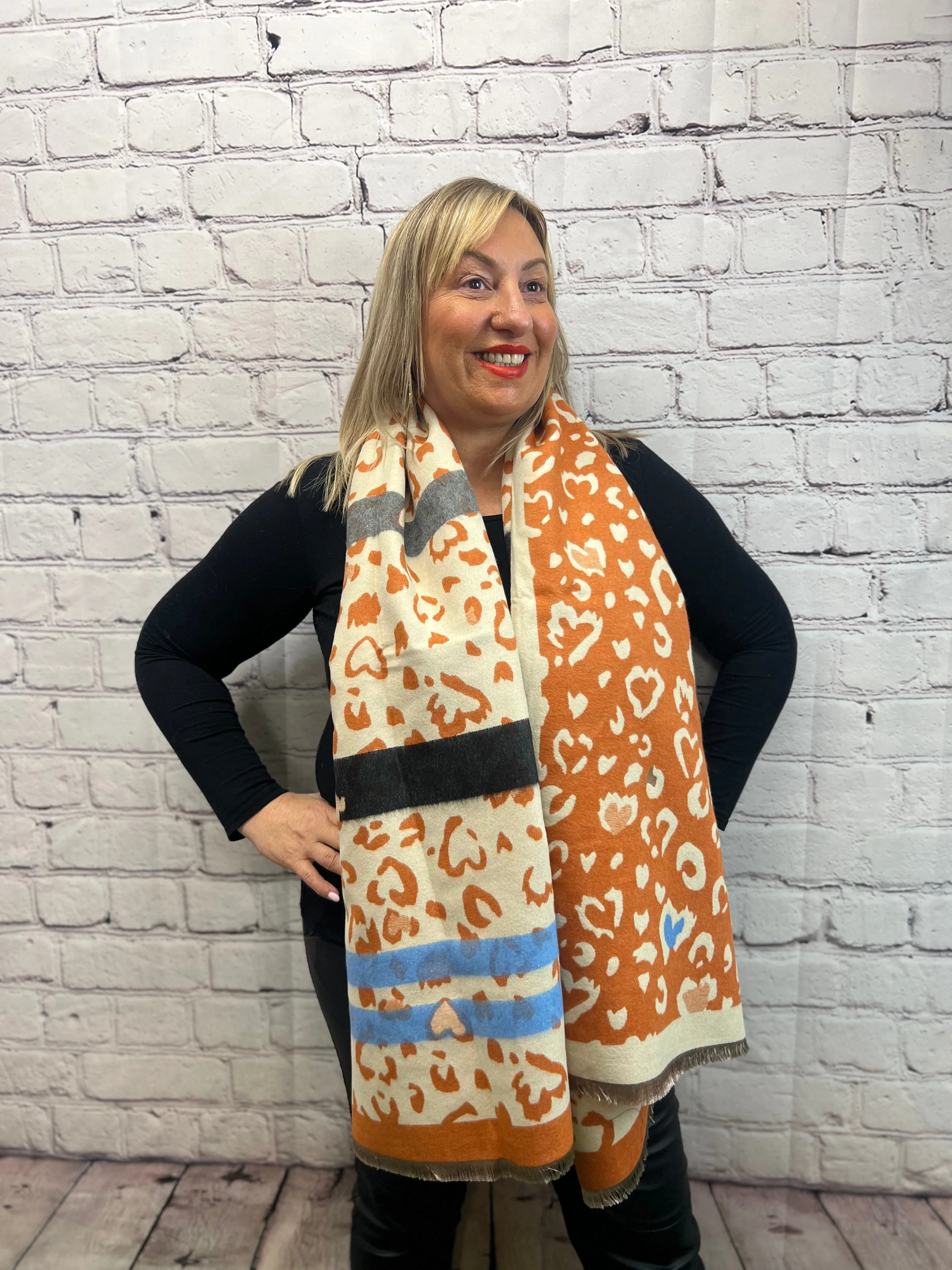 Leopard Heart Stripe Reversable Scarf