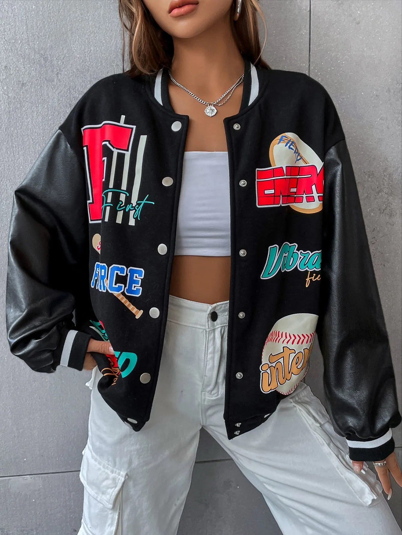 Letter Graphic Contrast PU Leather Sleeve Varsity Jacket