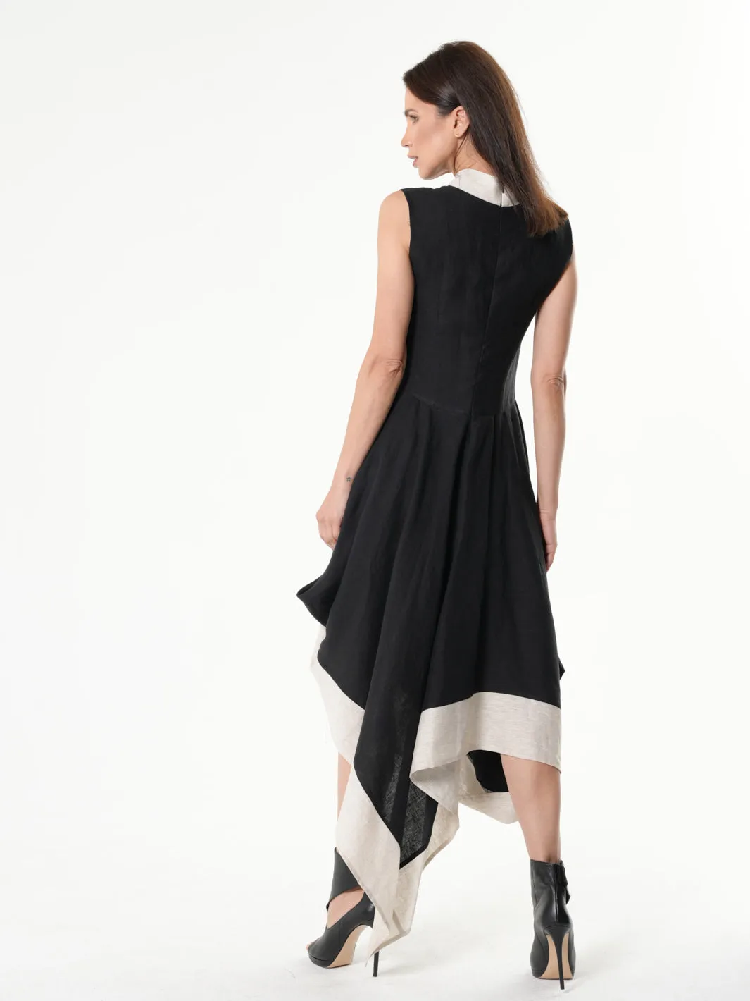 Long Linen Dress In Black and Beige