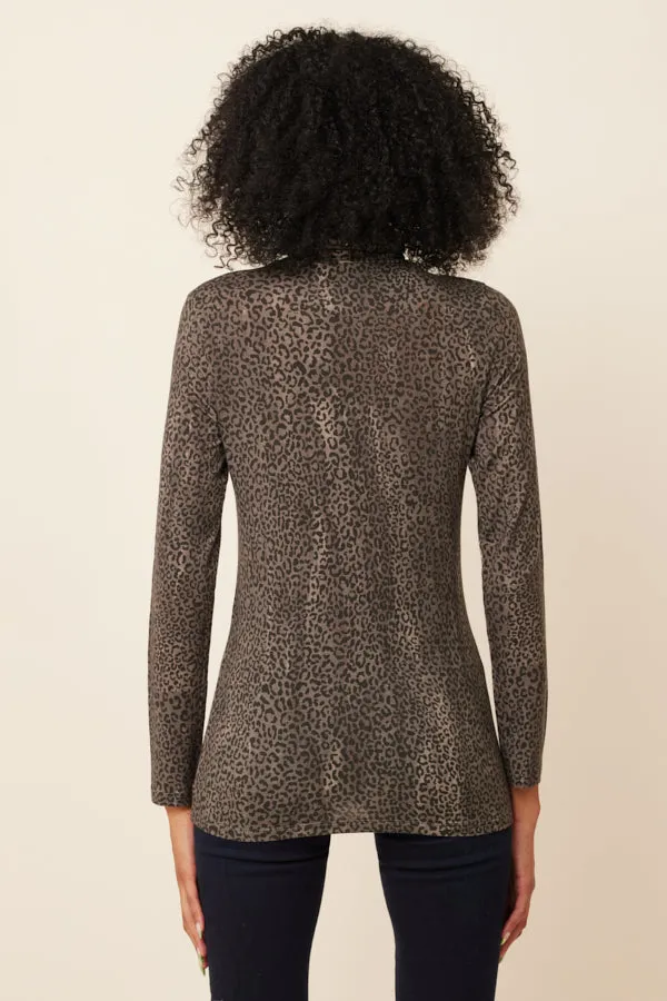 Lyocell Cashmere Stretch Cheetah Long Sleeve Turtleneck in Kaki