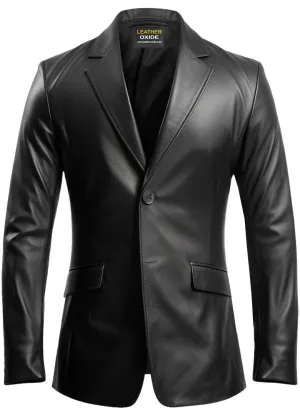 Men Two Button Black Leather Blazer