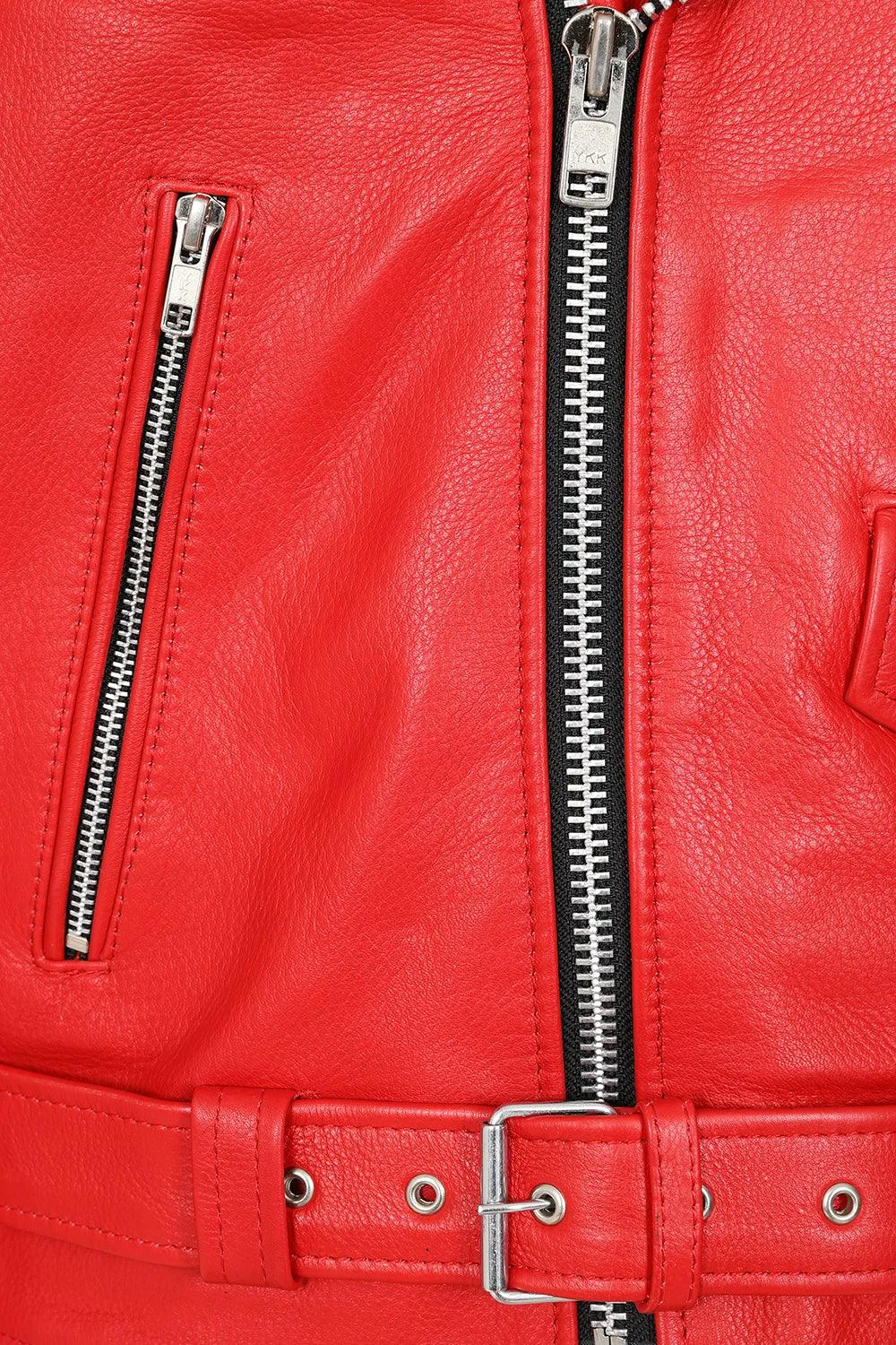 Men's Genuine Red Classic Leather Biker Jacket - 'FONZY'