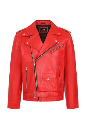 Men's Genuine Red Classic Leather Biker Jacket - 'FONZY'