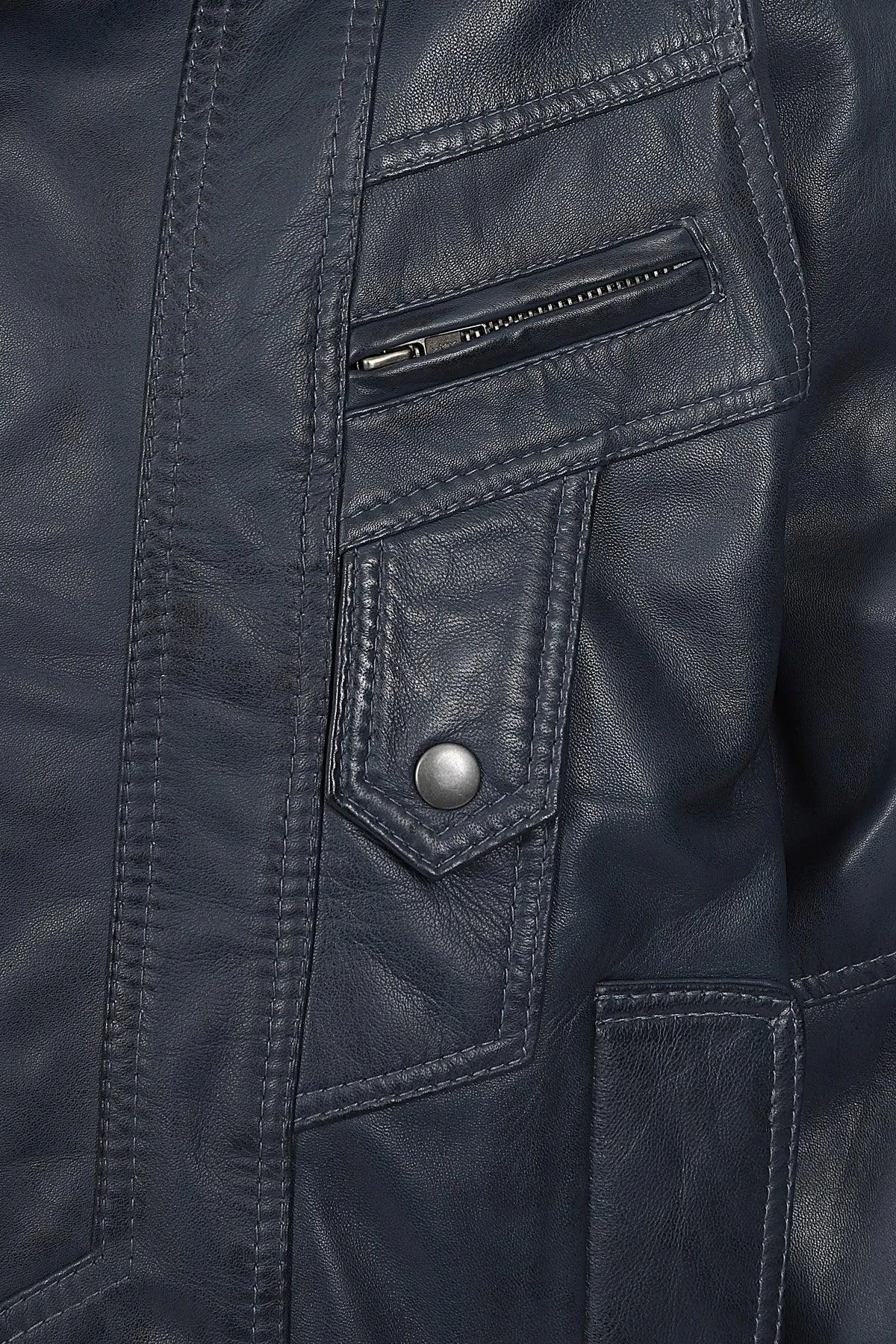 Men's Navy 'Sky' Blue Real Leather Classic Blouson Jacket - 'PAUL'